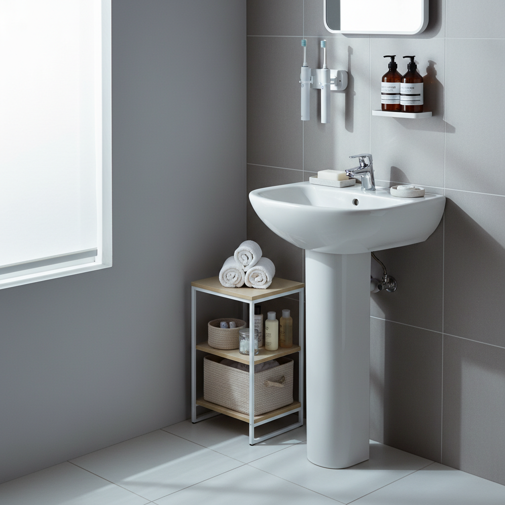 A compact, modern bathroom corner featuring a narrow white pedestal sink with a carefully arranged set of space-saving accessories: a slim wall-mounted toothbrush holder, a small floating shelf with two neatly aligned amber pump bottles, and a low-profile tray corralling essentials. Below the sink, a minimalist freestanding tiered organizer fits snugly, holding rolled hand towels and spare toiletries in neutral-toned bins. The room is finished in soft greys and whites with matte textures and clean grout lines. Cool, diffused morning light enters from the side, creating soft highlights and gentle linear shadows. Captured from a slightly elevated angle with balanced, centered composition, the atmosphere feels orderly, calm, and efficient, in a clean, corporate, photographic style.