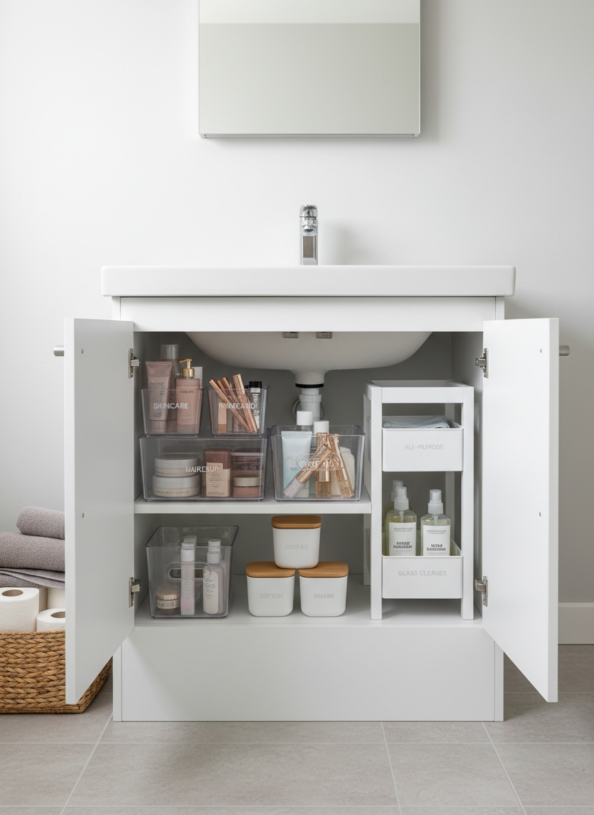 A meticulously organized small bathroom vanity with a white under-sink cabinet, doors open to reveal a precise system of clear acrylic bins, labeled matte-white containers, and a slim sliding caddy for cleaning supplies. Soft grey towels are folded into a low stack beside a single woven basket holding extra toilet paper. The cabinet sits against a cool white wall with a light grey tile floor below. Diffused daylight from an unseen window creates gentle, even illumination, casting subtle shadows that emphasize clean lines and order. Photographed at eye level with sharp focus throughout, the composition is symmetrical and calm, conveying a professional, minimalist, photographic realism ideal for a renter-friendly organization blog homepage hero image.